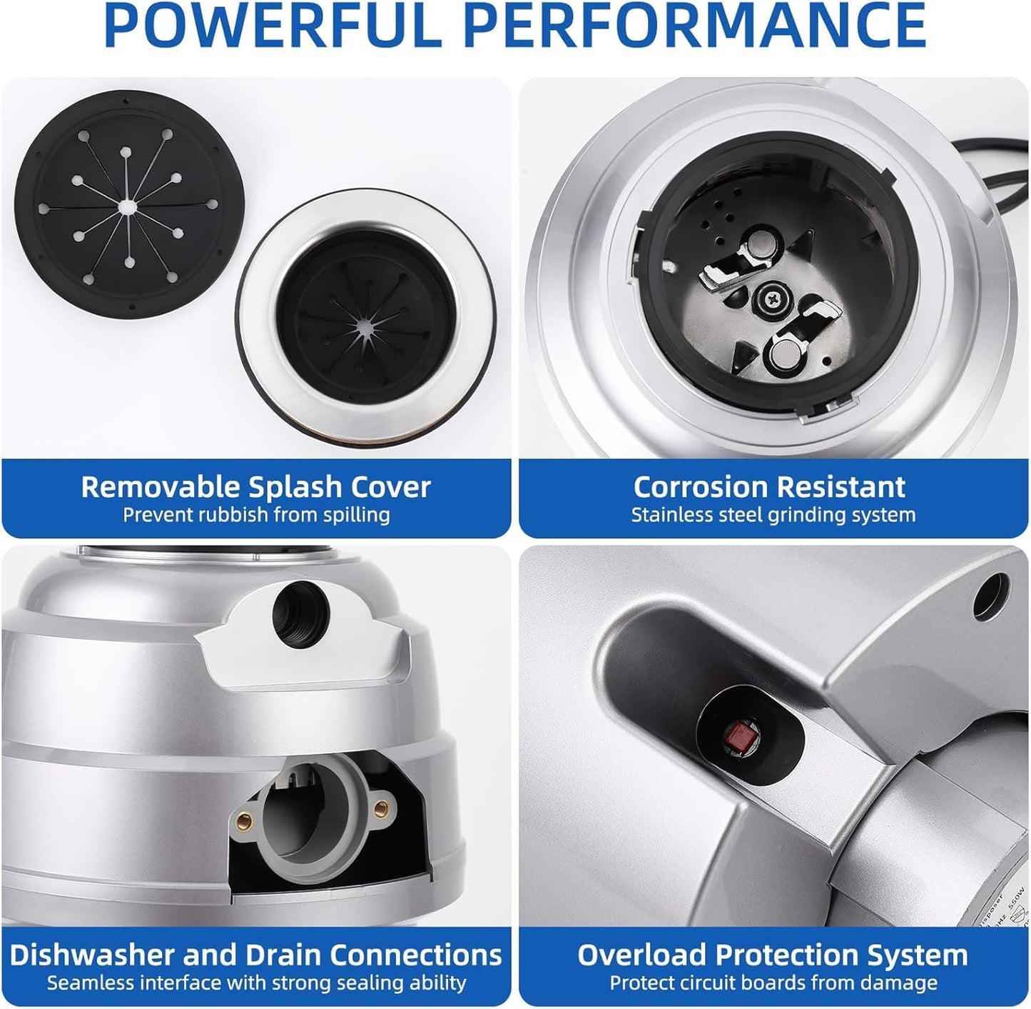 Powerful 3/4HP Stainless Steel Garbage Disposer, Dishwasher-Friendly and Continuous Feeding Waste Disposer, Grinding Material Four-Stage Grinding, Silver