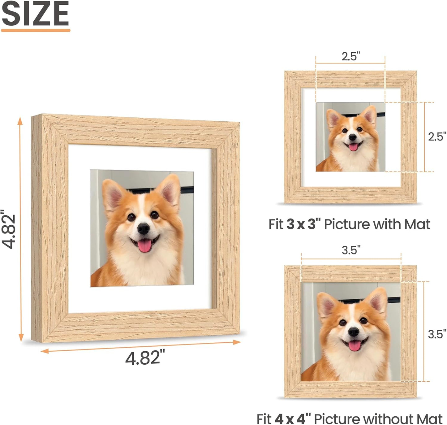 upsimples 4x4 Picture Frame, Natural Solid Wooden Picture Frames, Display 3x3 with Mat or 4 x 4 Without Mat, Wall or Tabletop, 1 Pack, Natural