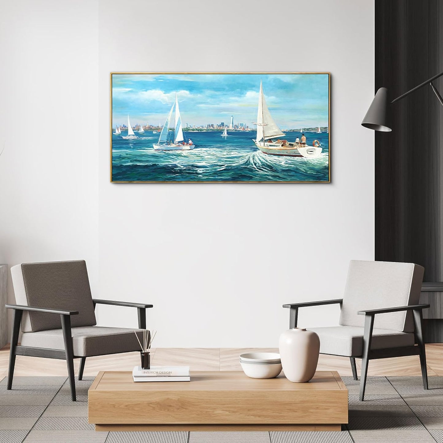 XLSJERST Blue Canvas Wall Art Seascape Painting - Landscape Picture Textured Navy Modern Sailboat Ocean Artwork Framed for Living Room Bedroom Bathroom Home Office Wall Decor Large Size 20"x40"