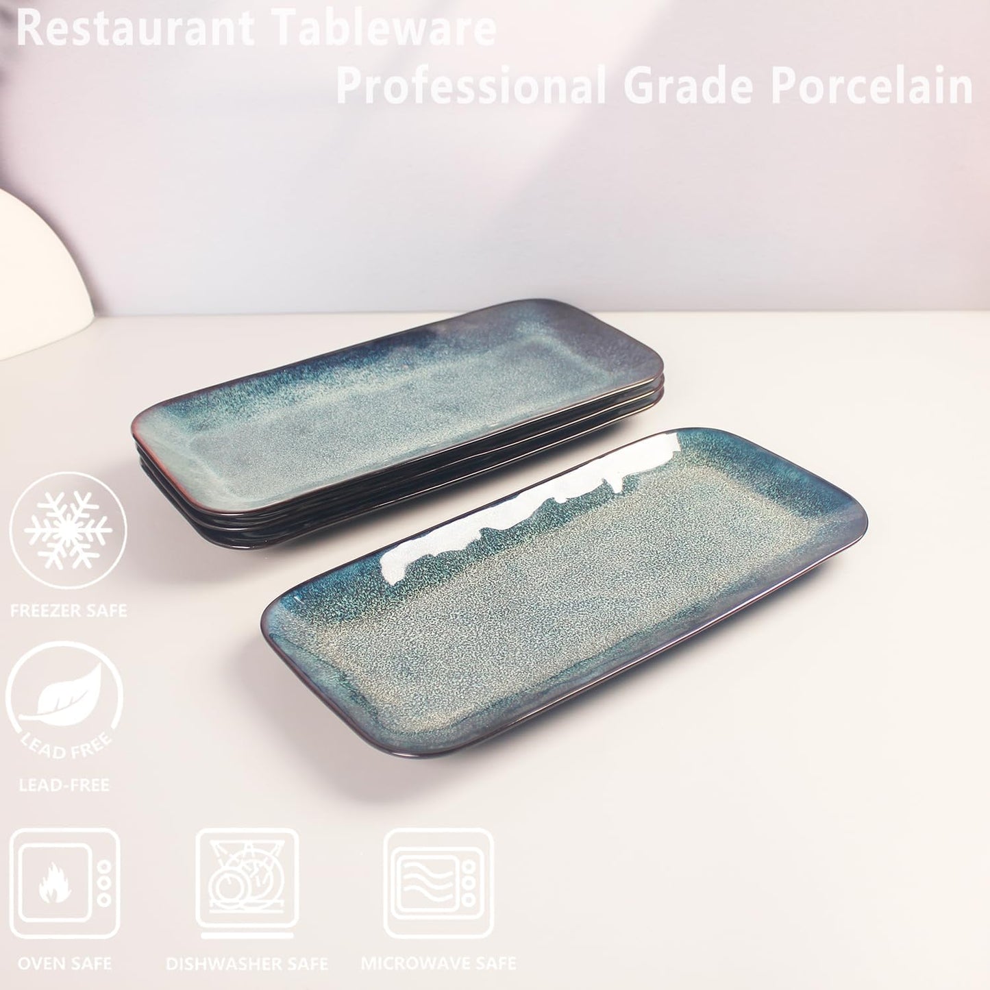 Serving Platters Set of 4, Rectangular Serving Plates, Serving Trays for Entertaining Party, Microwave,Oven,Dishwasher Safe,Kitchen Dinnerware, Blue reactive glaze 12.7 Inch