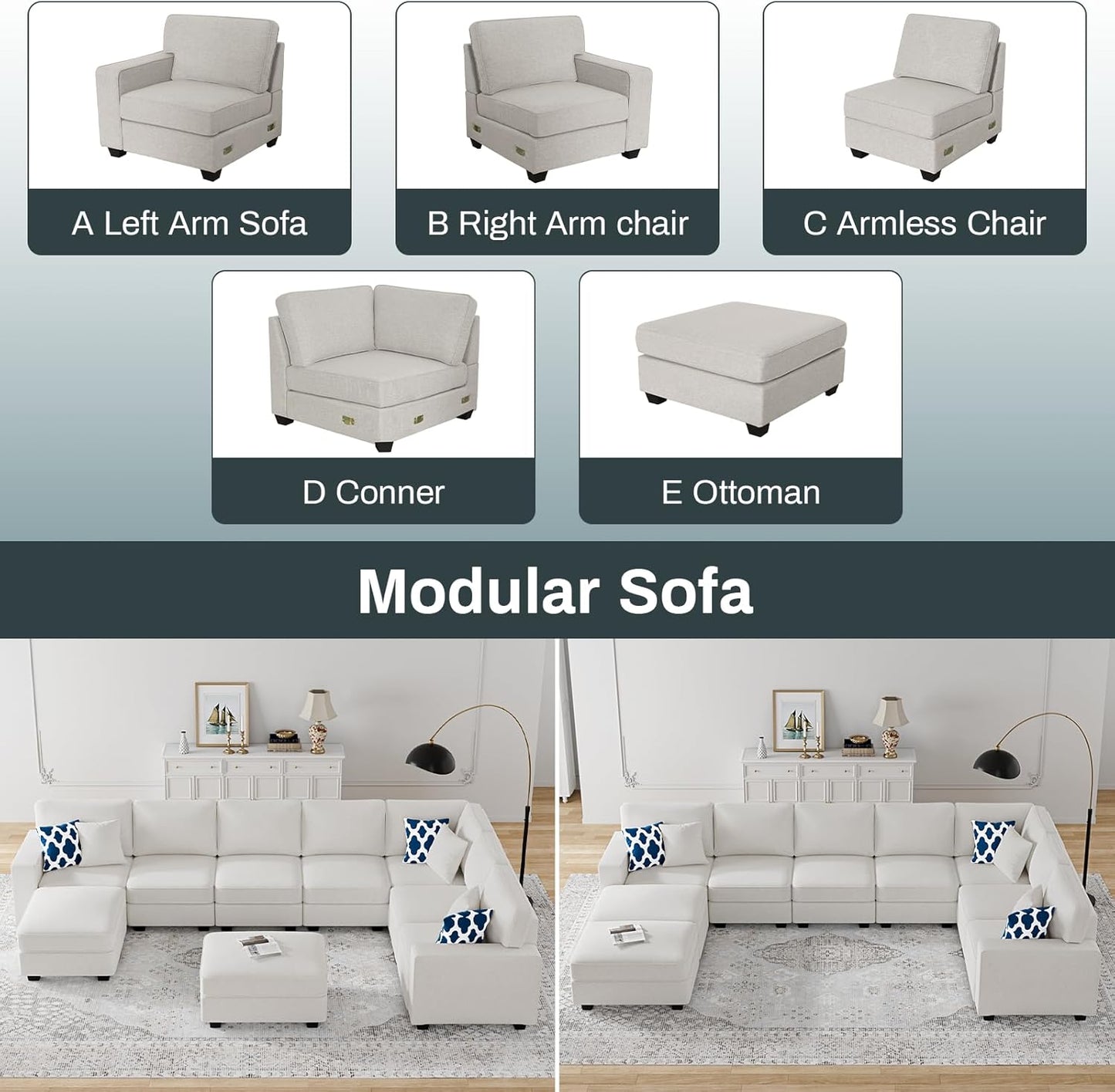 L Lengend Vansen Modular Sectional Sofa U Shaped Couch with Ottoman Modern Reversible Corner Sectional Couch for Living Room (Cream, U Shaped Sofa-5)