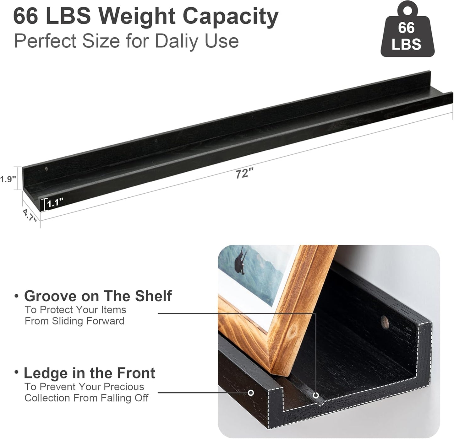 Floating Picture Ledge Shelves 72 Inch Solid Oak Wood Set of 2, Rustic Wall Storage Shelves with Lip, Kids Bookshelf, Photo & Picture Ledge Shelves for Bedroom, Living Room, Kitchen