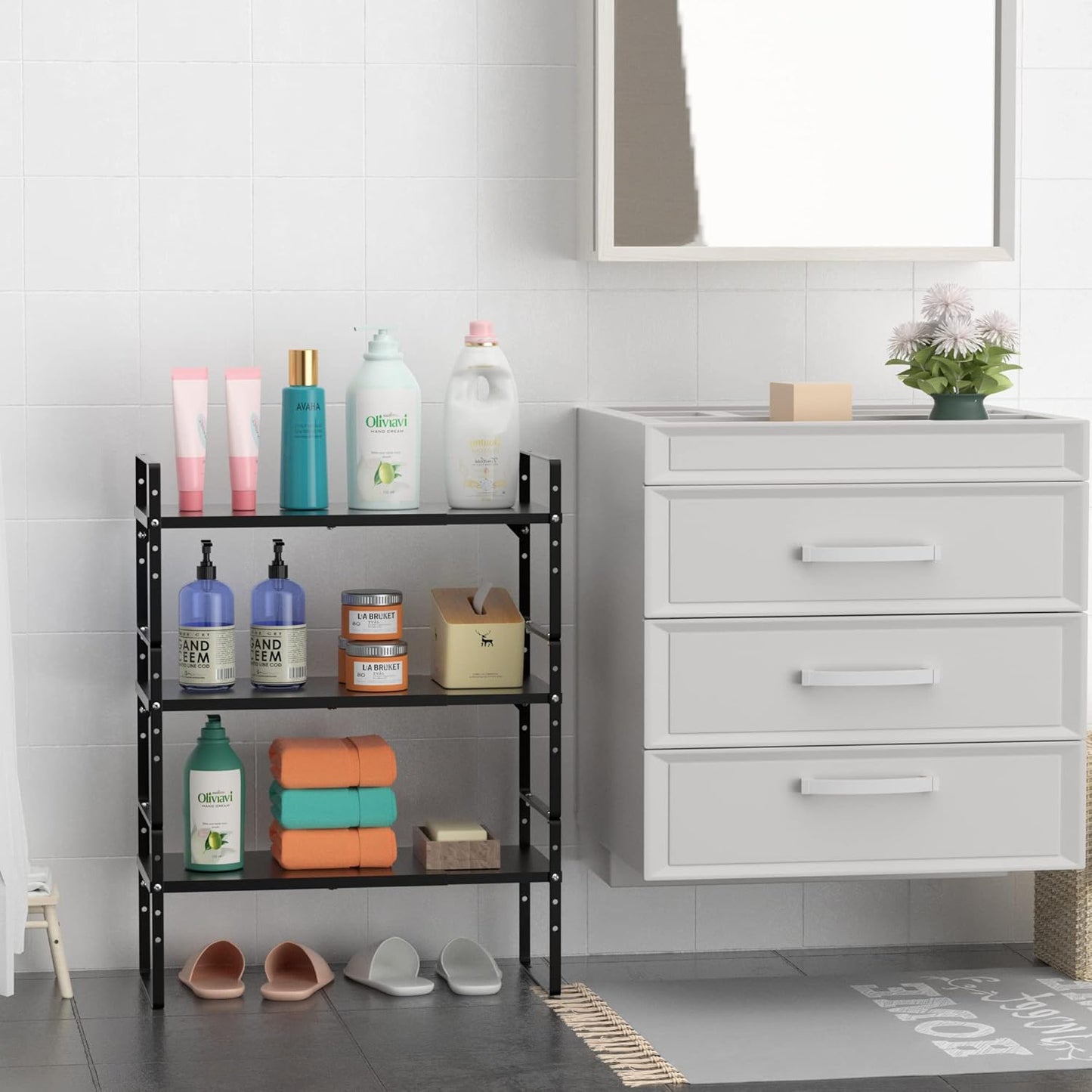 iPEGTOP Expandable Cabinet Storage Shelf Organizer Rack, Heavy Duty Steel Metal Spice Rack Adjustable Height Home Office Garage Pantry Shelf Space Riser for Counter Kitchen Organization, Black, 3 Pack