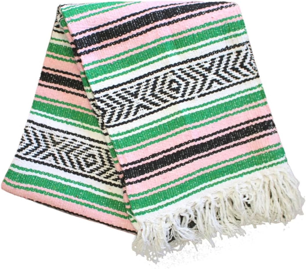 Del Mex Classic Mexican Blanket, Large Authentic Woven Falsa Throw (70"x50"), Artisan Southwest Décor for Beach, Yoga, Outdoors (Green/Pink)