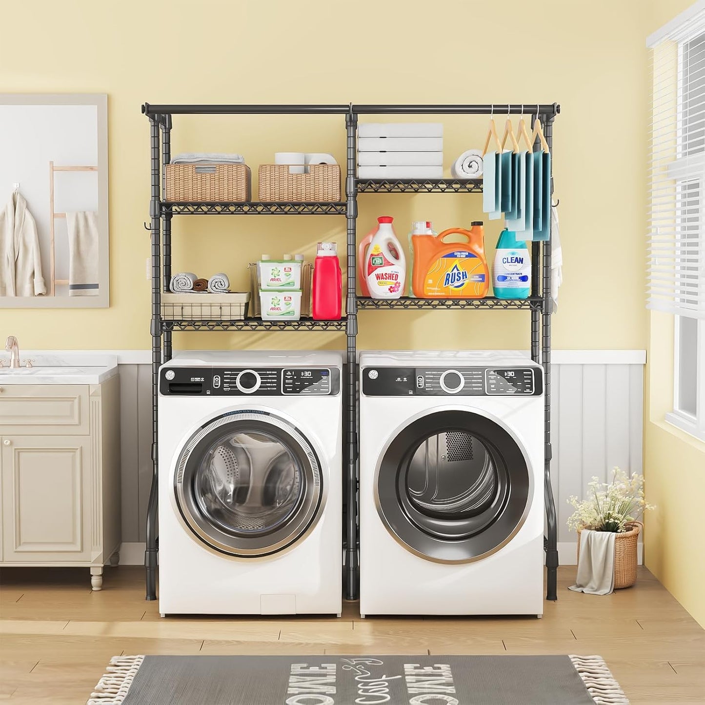 U14 Over Washer and Dryer Storage Shelves, 4 Tiers Laundry Room Storage and Organizer System, Space Saving Clothes Drying Rack with 2 Clothes Hanger Rods, 66.5" W x 20.5" D x 77.4" H, Black