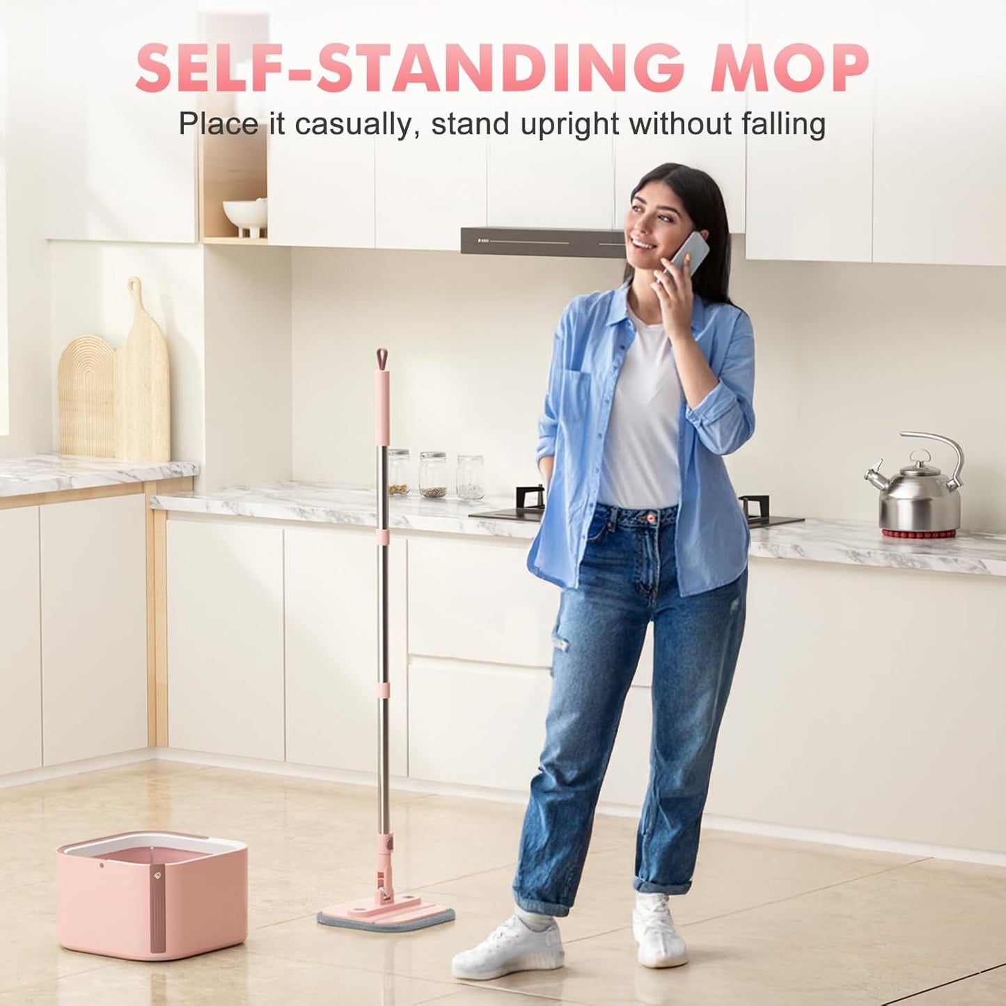 Upgraded Spin Mop and Bucket Set Self-Standing Mop Bucket Separate Dirty and Clean Water System Self Wringing 360° Rotating 90° Foldabl Mops and Buckets for Floor Cleaning (Pink, 2Pads)