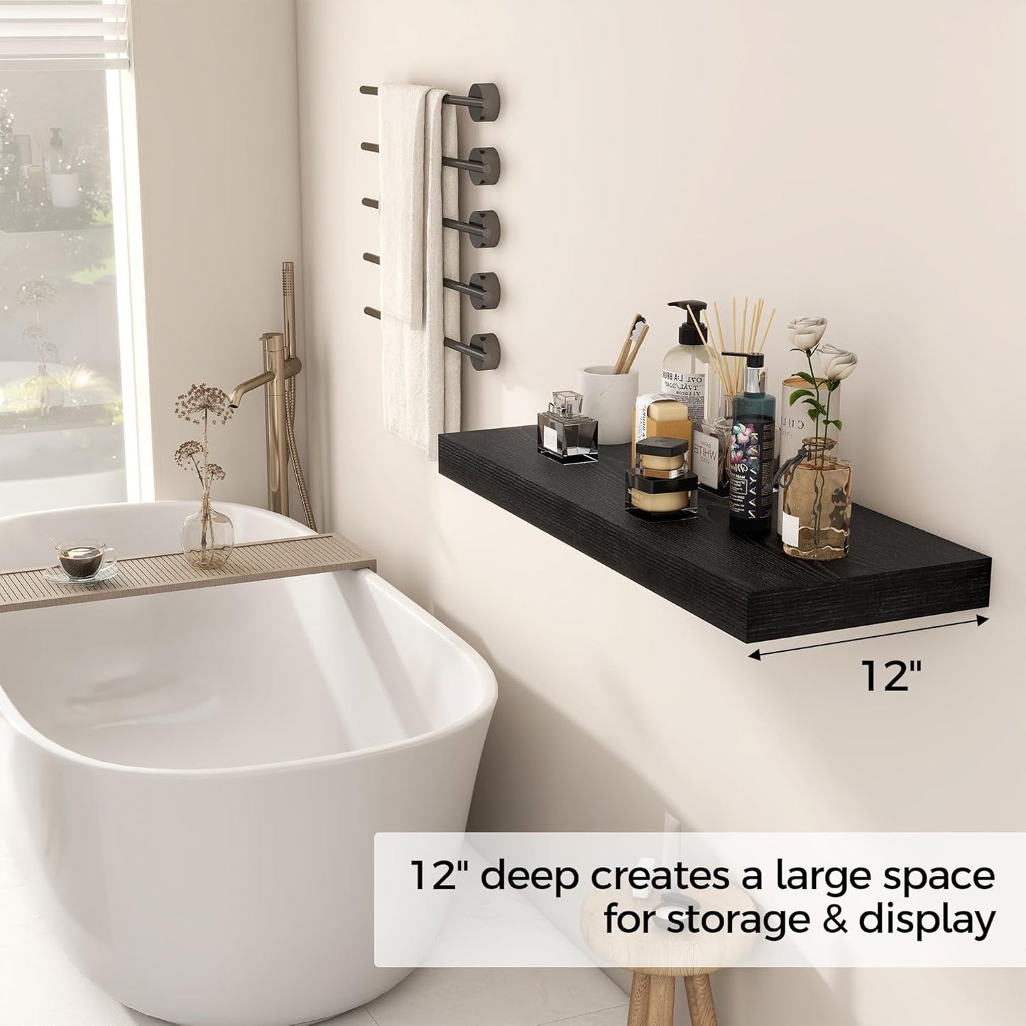 Fun Memories 30 Inch Floating Shelves Black, 12 Inch Deep Floating Shelf for Books, 30 x 12 x 2 Deep & Thicked Wall Shelves for Bathroom, Living Room, Kitchen, Set of 1