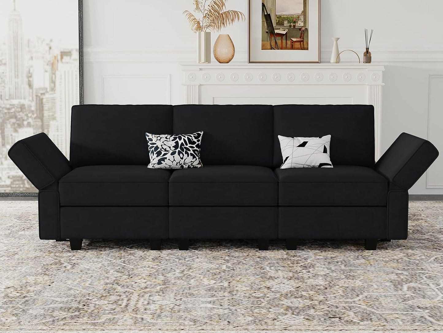 Belffin Modular Sofa Couch with Storage Seats Velvet 3 Seater Sofa for Living Room Black