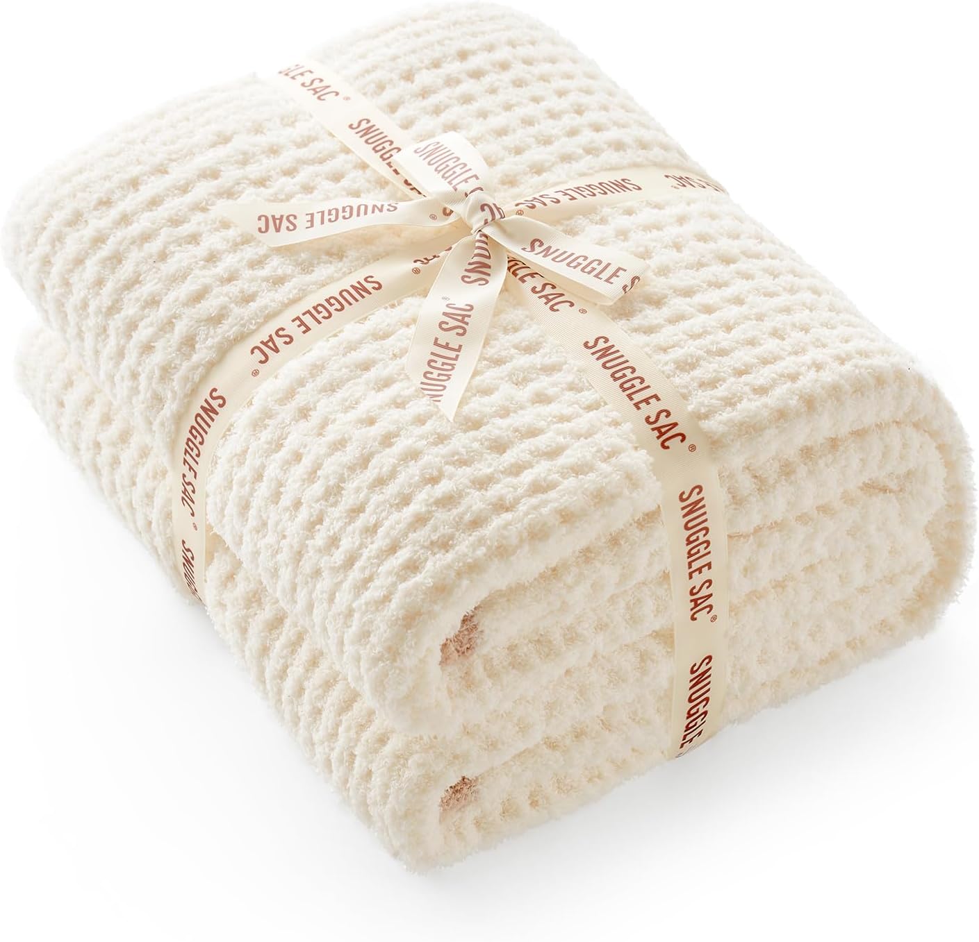 Snuggle Sac Ultra Soft Waffle Throw Blanket for Couch Bed Sofa 50x60 inches, Reversible Cream Blanket Microfiber Fluffy Fuzzy Cozy Knit Throws for Women Mothers Birthday Gifts