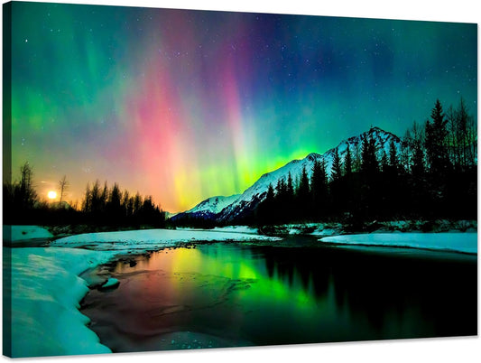 Aurora Borealis Canvas Wall Art Northern Lights Canvas Print Painting for Living Room Snowy-Mountains-Landscape Poster Picture Wooden Framed Prints Ready to Hang(28.00"x44.00")