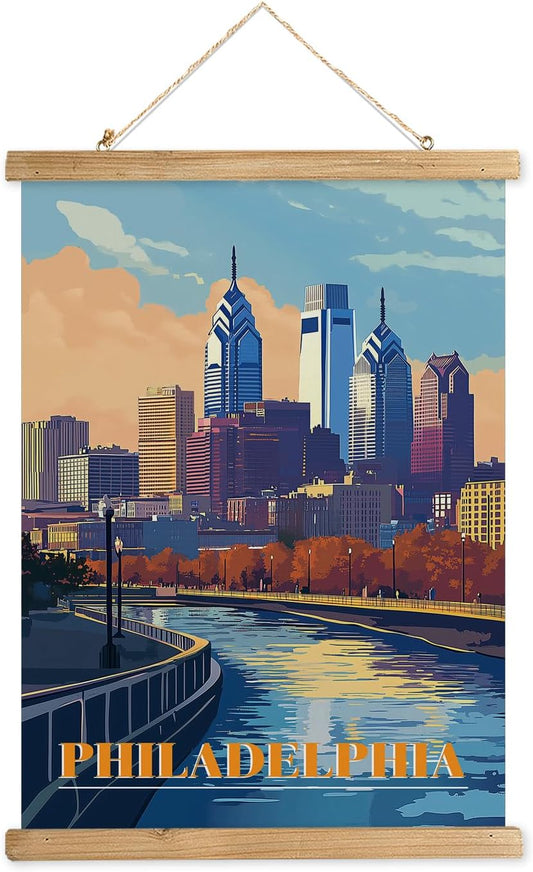 WREVERW Vintage Philadelphia Poster Canvas Print with Wooden Hanger Frame, Featuring Skyline and Schuylkill River, Wall Art for Home and Office Decor, 16x23 inches
