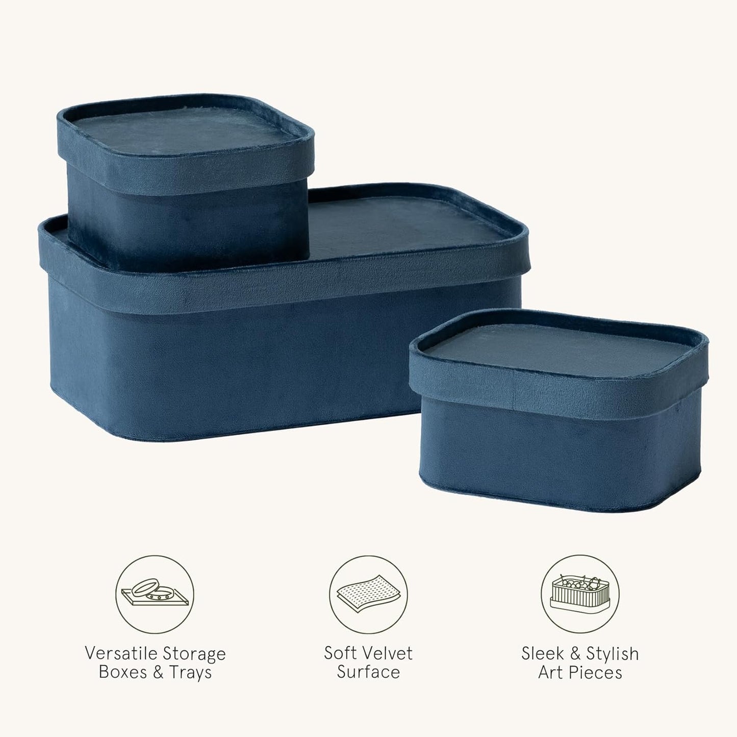 La Jolie Maison Velvet Storage Baskets with Lids, Sturdy Stackable Cardboard Boxes with Decorative Trays, Organizer Bins for Bathroom Bedroom Organizing, Prussian Blue, Set of 3