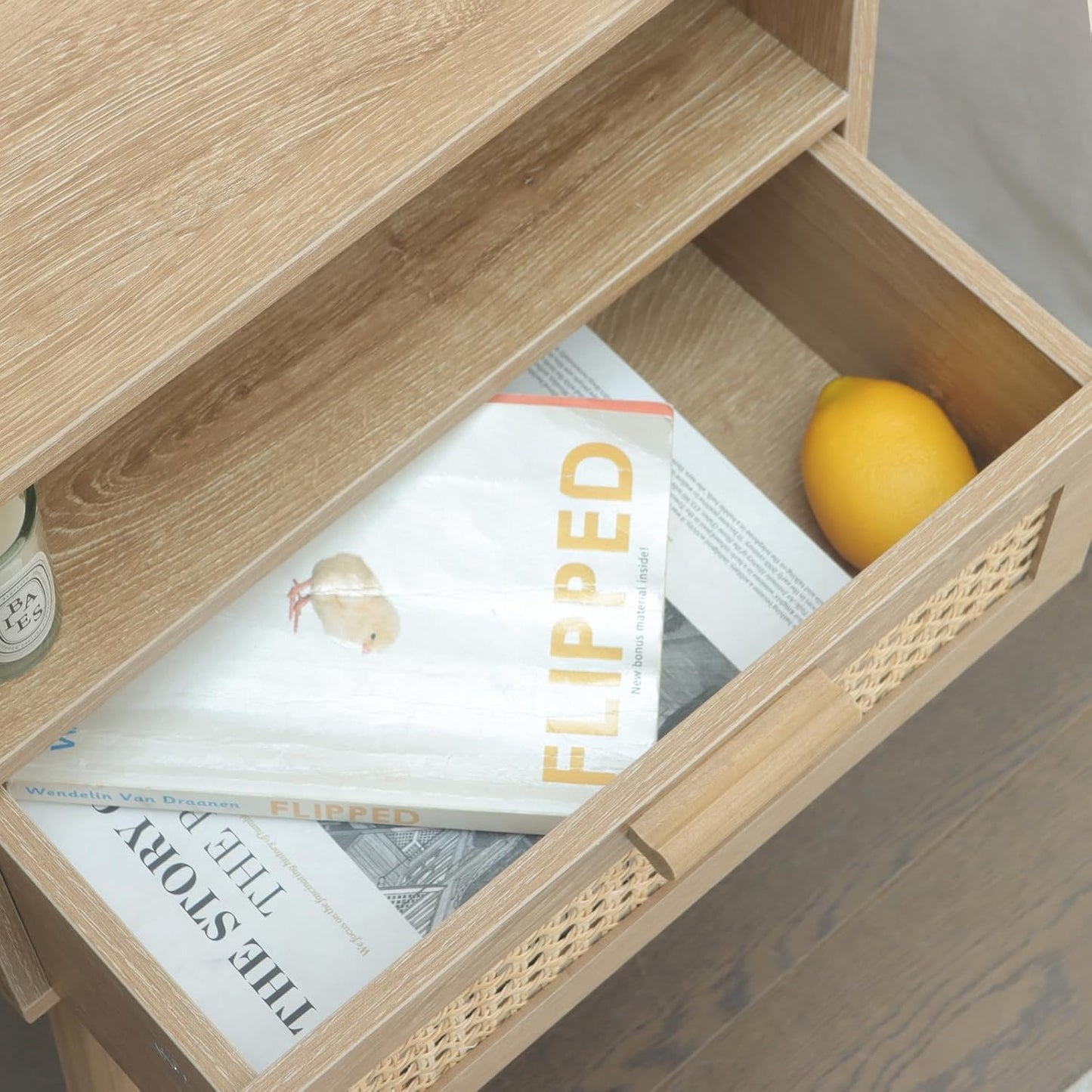 MaxSmeo Rattan Nightstand with Drawer, Mid Century Modern Wood Bedside Table for Living Room, Bedroom and Small Spaces (Rustic Walnut)