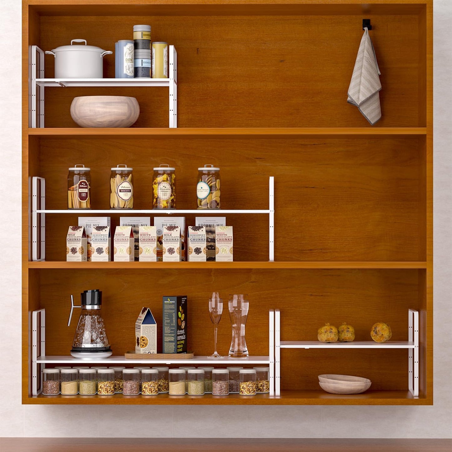 iPEGTOP Expandable Cabinet Storage Shelf Organizer Rack, Heavy Duty Steel Metal Spice Rack Adjustable Height Pantry Garage Shelf Space Riser for Counter Kitchen Organization, White, 1 Pack