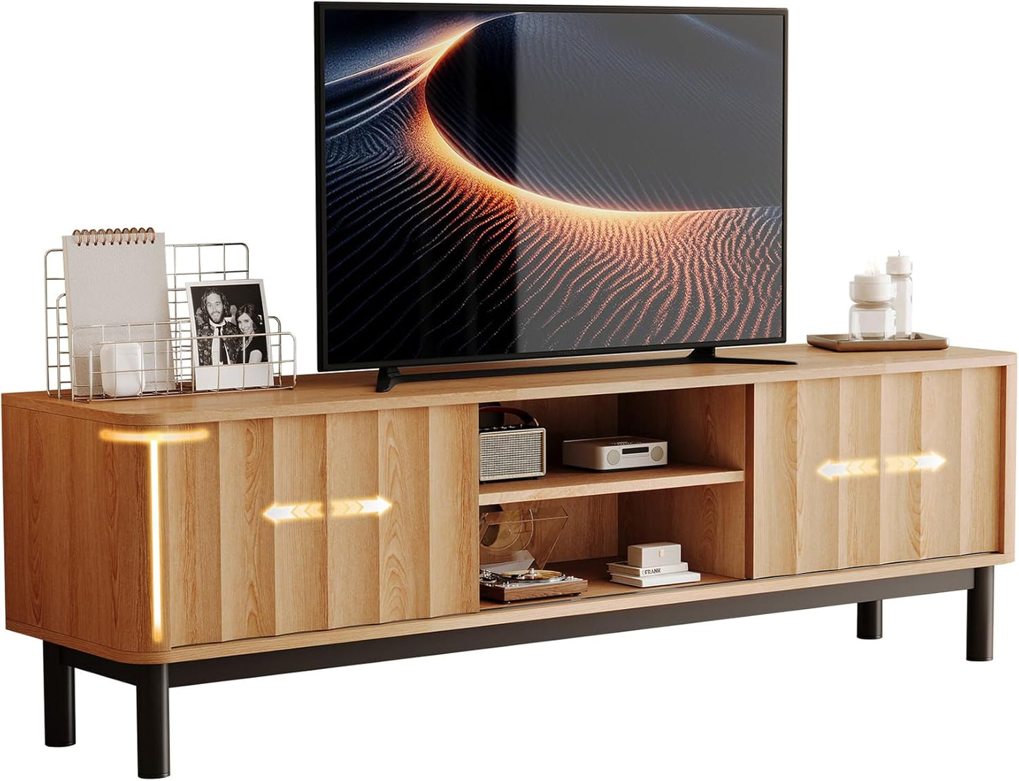 Brown Mid Century Modern TV Stand, Wood Fluted Living Room TV Stands with Storage Sliding Doors, Desert-Inspired Design MCM Entertainment Center for 55 60 65 70 75 55+ 60+ 65+ 70+ Inch