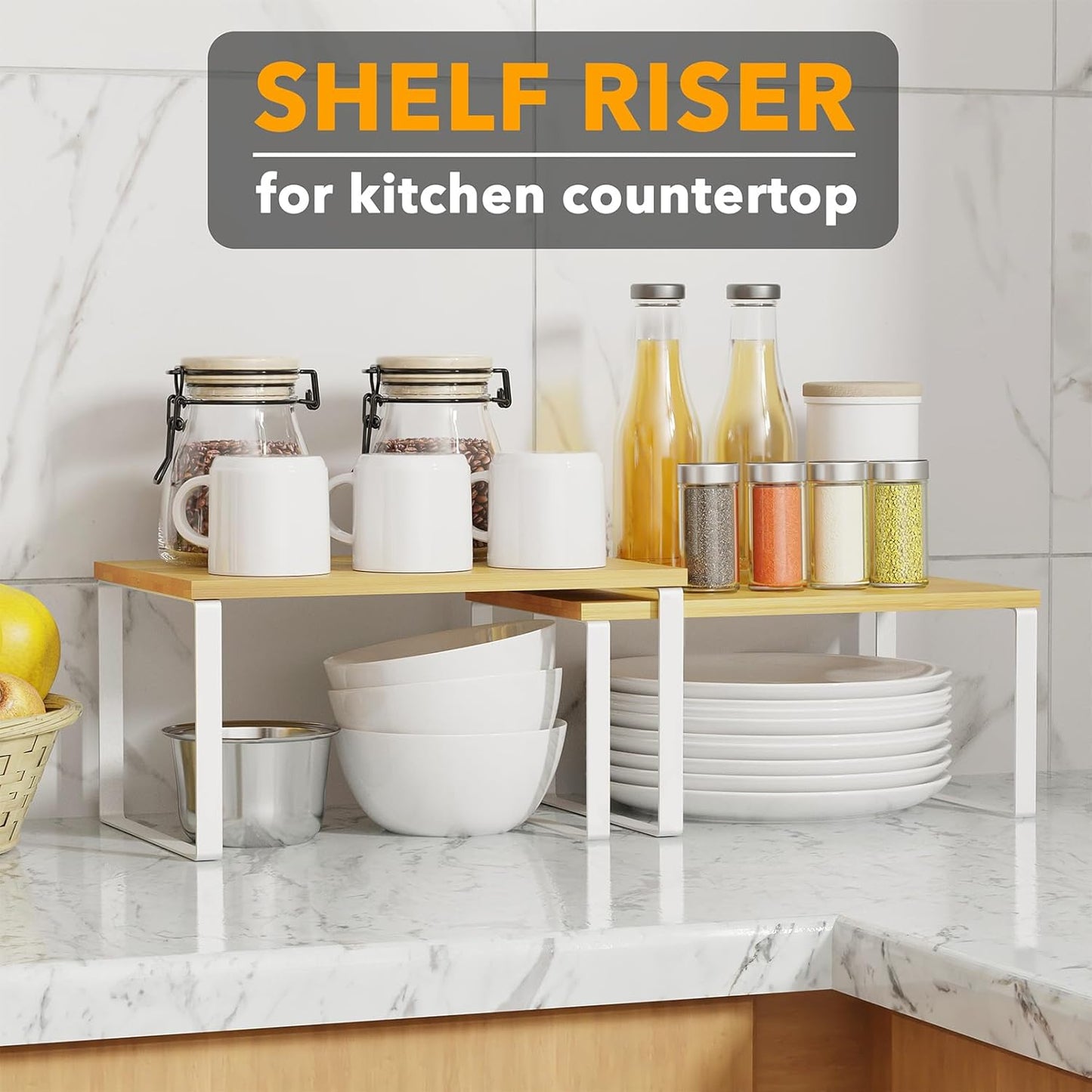 SpaceAid Cabinet Shelf Organizers 2 Pack, Kitchen Counter Rack Shelves Riser, Stackable Expandable Spice Rack, Pantry Cupboard Storage Organization (White and Natural, Short)