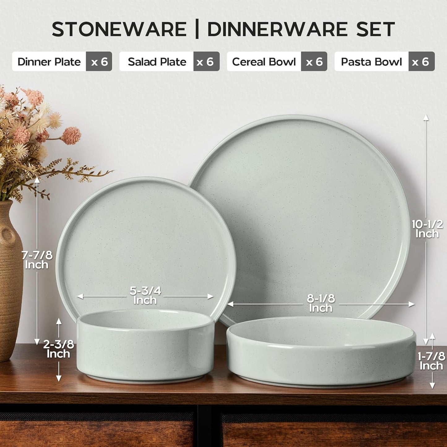 Onader Stoneware Dinnerware Sets for 6 with Double Bowl, 24 Piece Plates and Bowls Dish Dinner Set, Speckled Kitchen Dishware Tableware – Pale Sage Green