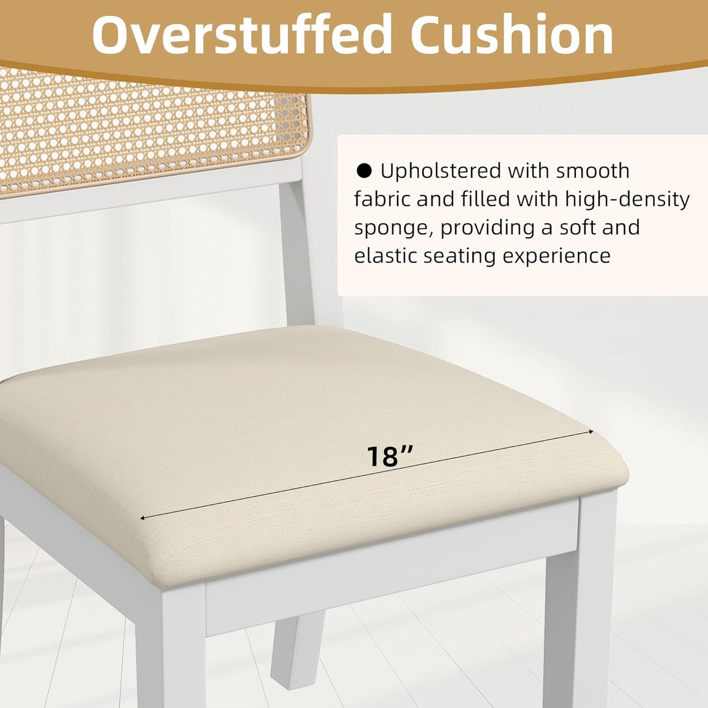 Westice Rattan Dining Chairs Set of 6, Farmhouse Natural Dining Room Chairs with Upholstered Cushion, Wood Armless Chairs for Kitchen/Restaurant, White