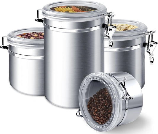 ENLOY 4-Piece Stainless Steel Airtight Food Storage Canister Set with Clear Lid, Containers Sets for Kitchen Counter for Sugar, Flour, Tea, Candy, Cookie, Spice, 28/32/38/65 oz
