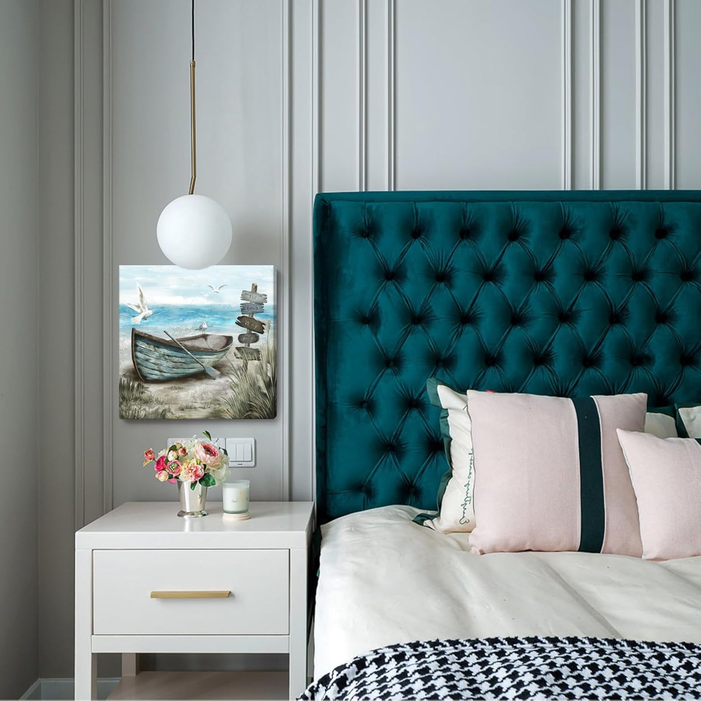 Bathroom Wall Art Coastal Décor Nautical Boat on Beach Canvas Picture Ocean Seagull Seascape Canvas Print Sea Bird Farmhouse Artwork for Seashore Bedroom Living Room Small Square Blue Teal 14x14"