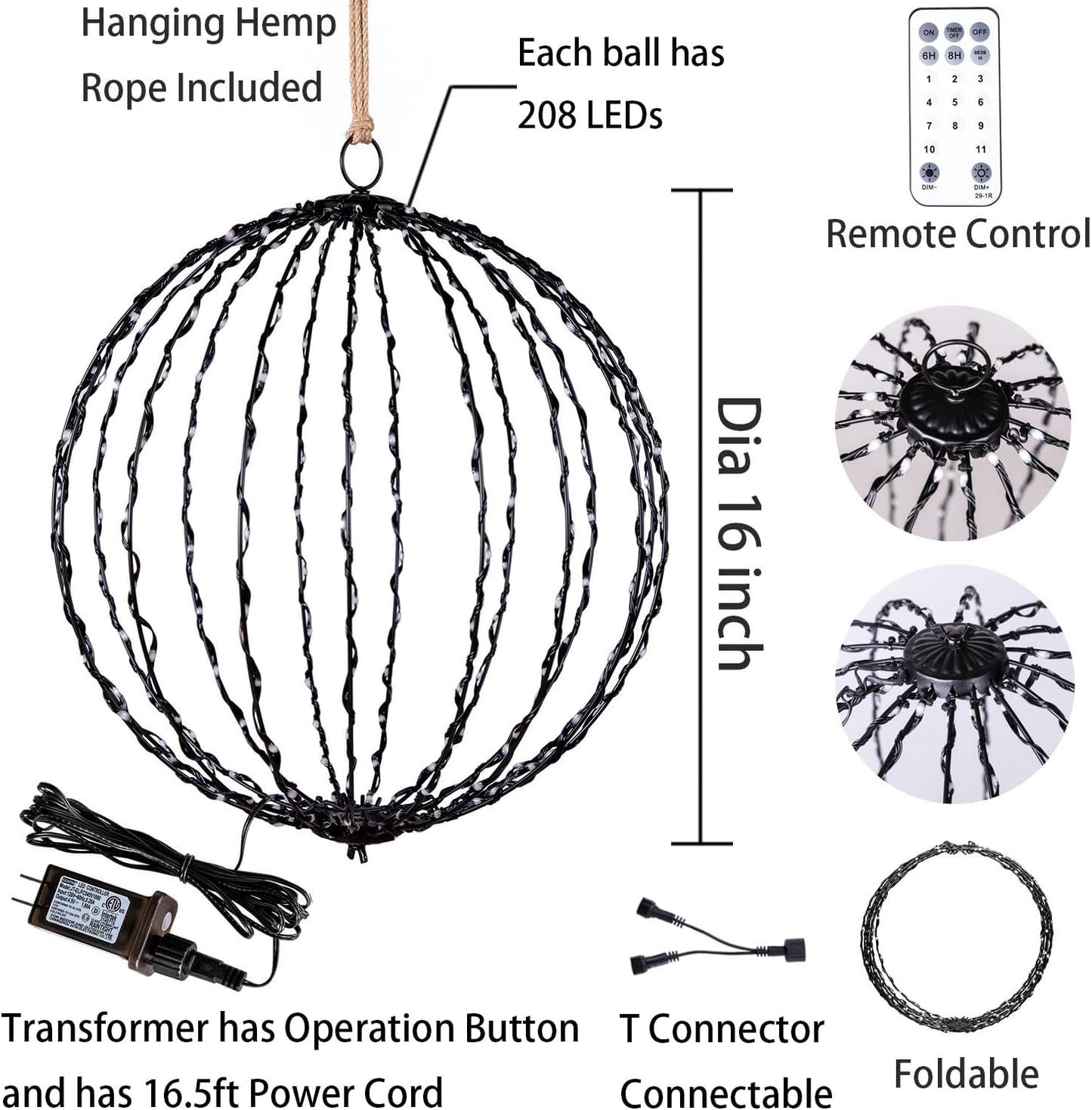 Outdoor Hanging Lighted Sphere, Christmas Decoration Light Balls, 2 in 1 Warm White and Multicolor Chandelier, 208 LED 16" Large Iron Frame Foldable Globe for Patio Tree Gazebo Decor-2Pack