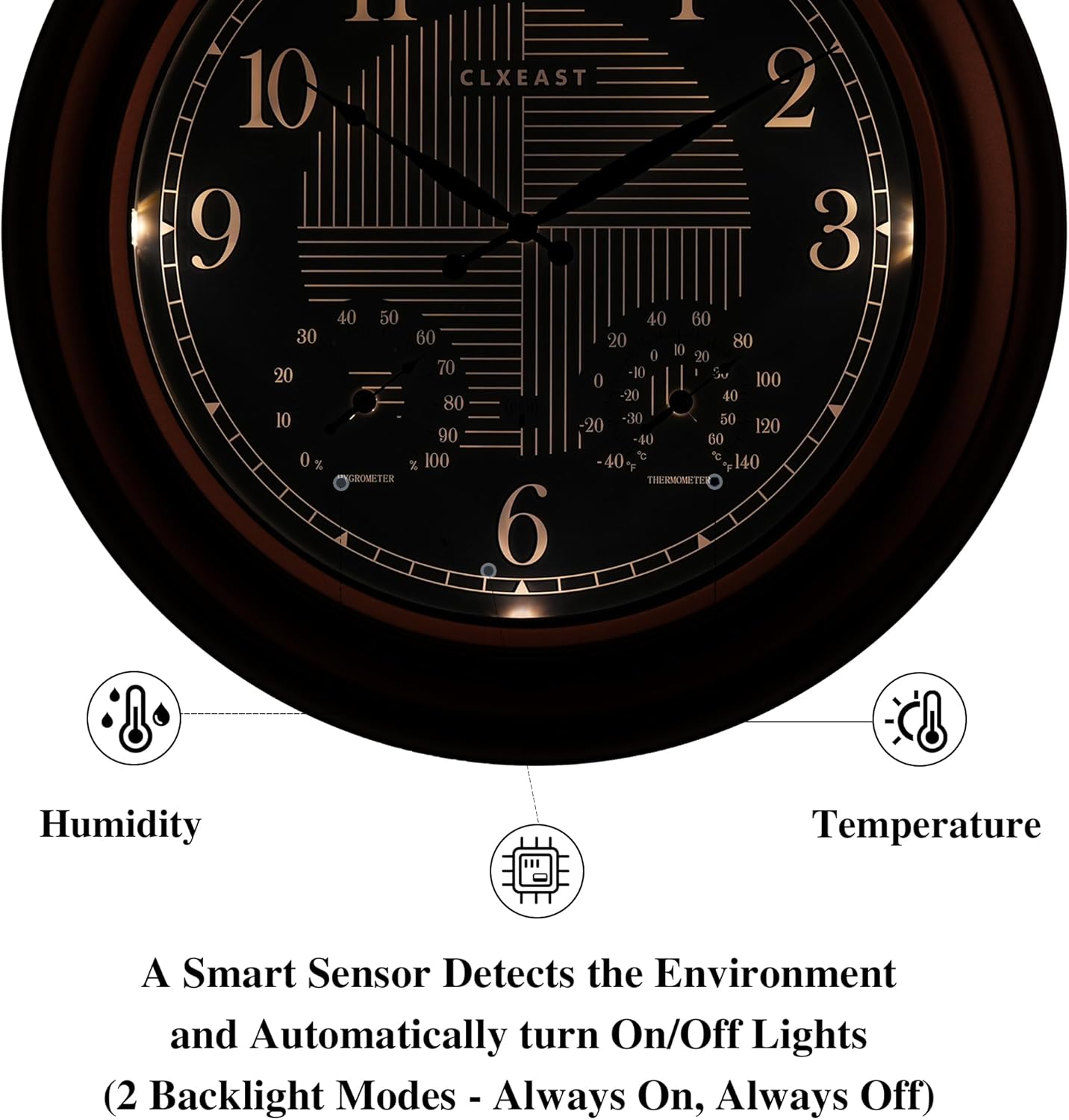 CLXEAST 24 Inch Illuminated in/Outdoor Lighted Atomic Analog Wall Clock with Thermometer & Hygrometer, Oversized Large Waterproof Wall Clocks for Living Room Decor,Bronze Finish