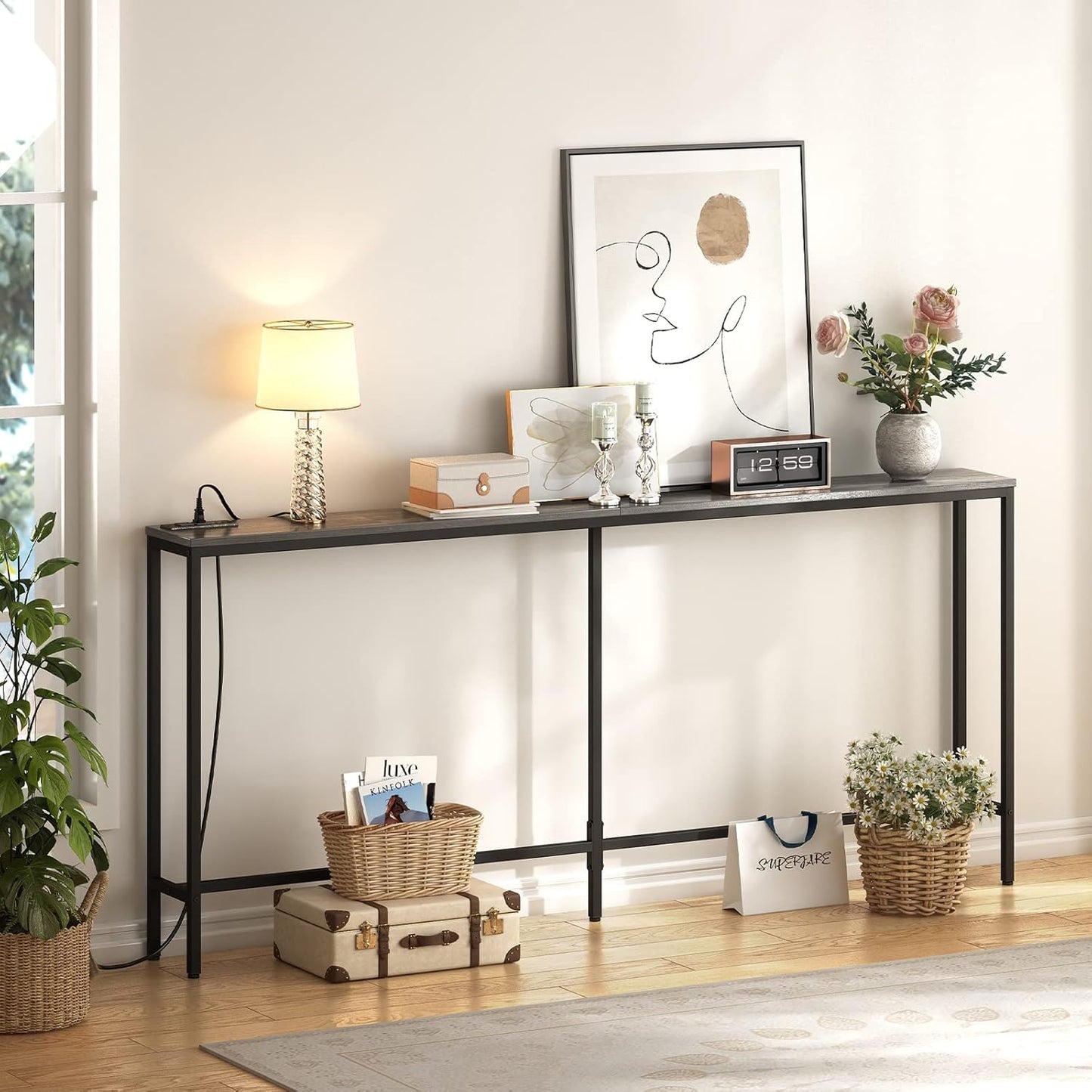 SUPERJARE 70 Inch Console Table with Outlet, Sofa Table with Charging Station, Narrow Entryway Hallway Table, Behind Couch Table, for Living Room, Charcoal Gray