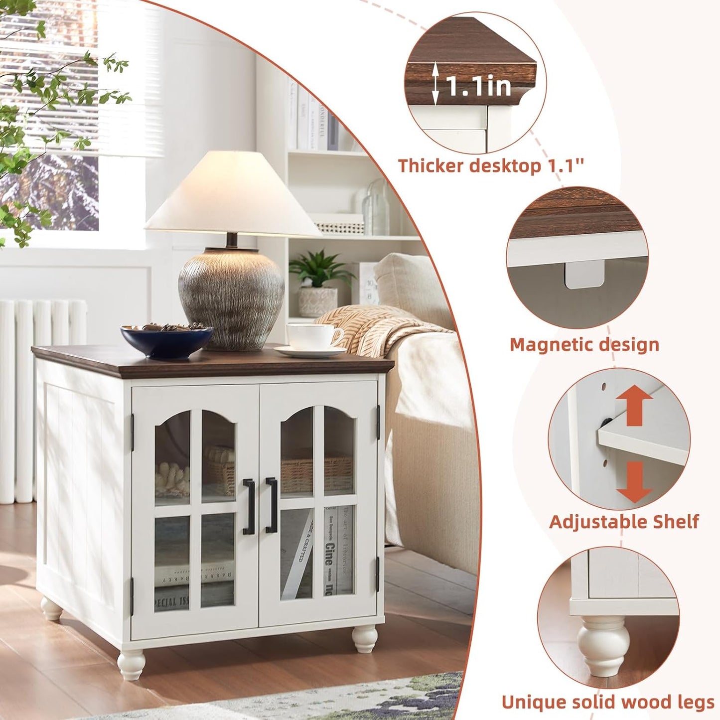 Farmhouse End Table with Charging Station,24" Large Sofa Side Table with Glass Barn Door,Rustic Wood Night Stand with Adjustable Storage Shelf,Square Bedside Table for Living Room,Bedroom Office