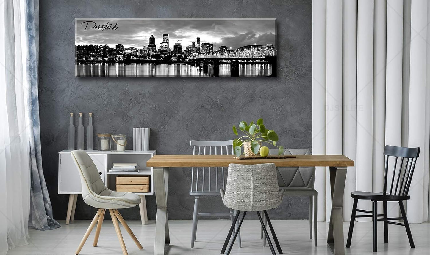 DJSYLIFE-Portland Skyline Canvas Print Modern City Landscape Wall Art USA Skyscraper Black and White Panoramic Night View Painting Office Living Room Home Decor Ready to Hang 13.8"x47.3"