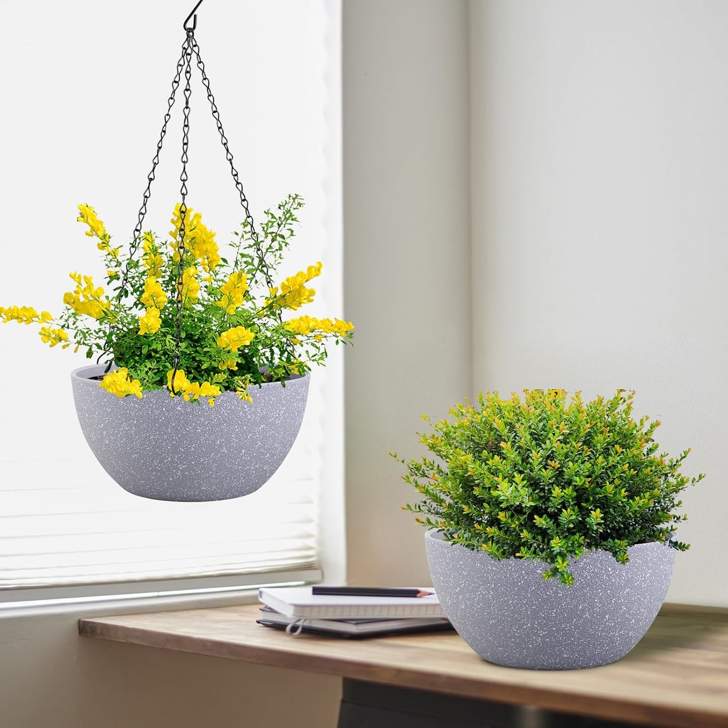 12 inch Large Hanging Planters for Indoor Outdoor Plants, 2 Pack Hanging Flower Pots with Drainage Holes and Chain for Garden Porch, Plastic Hanging Baskets for House Plants, Speckled Grey