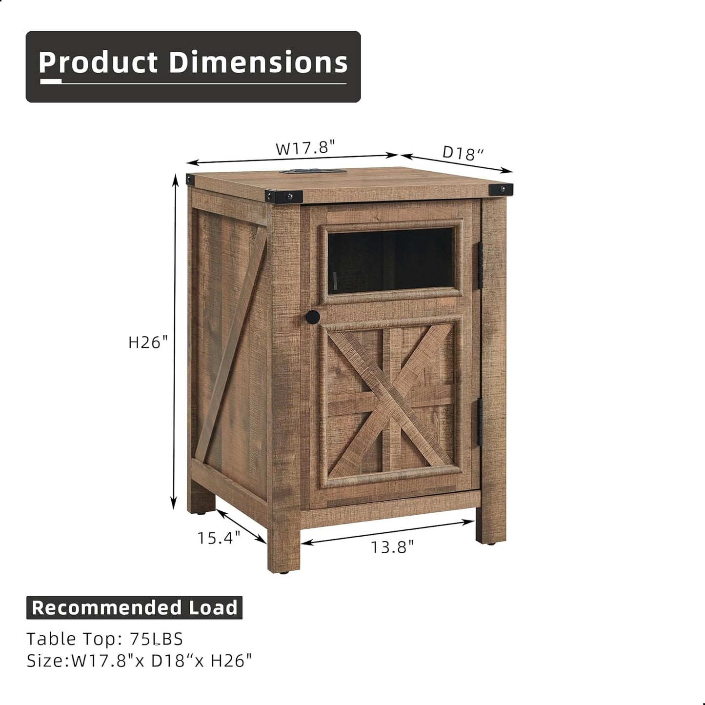 JXQTLINGMU Farmhouse End Table with Charging Station, 18'' Rustic Nightstand with Barn Door & Adjustable Shelf, Wooden Sofa Side Table with 3-Tier Storage for Living Room, Bedroom, Warm Brown