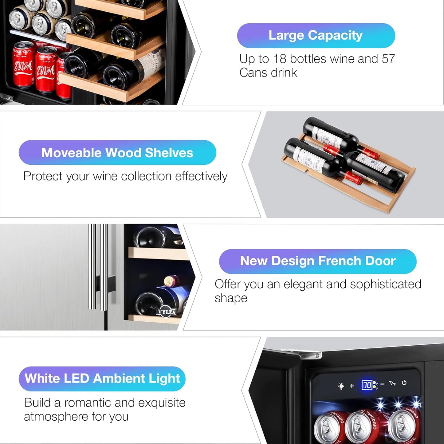 Tylza Wine and Beverage Refrigerator, 24 inch Dual Zone Wine Beverage Cooler Built-in and Freestanding, with Seamless Stainless Steel Door Quick Cooling Under Counter Beer Wine refrigerator