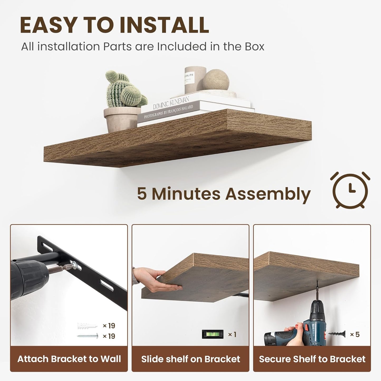 24 Inch Floating Shelves, 11.6 Inch Deep Floating Shelves for Wall, Floating Shelf with Invisible Brackets, Deep Shelves for Bathroom, Bedroom, Living Room, 2 Pack, Brown