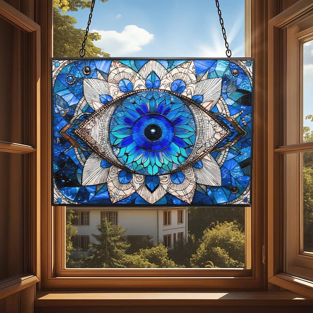 Rectangle Evil Eye Suncatcher Indoor/Outdoor Stained Glass Window Hanging Handmade Suncatchers Home Decor Garden Christmas Party Wedding Housewarming Gifts