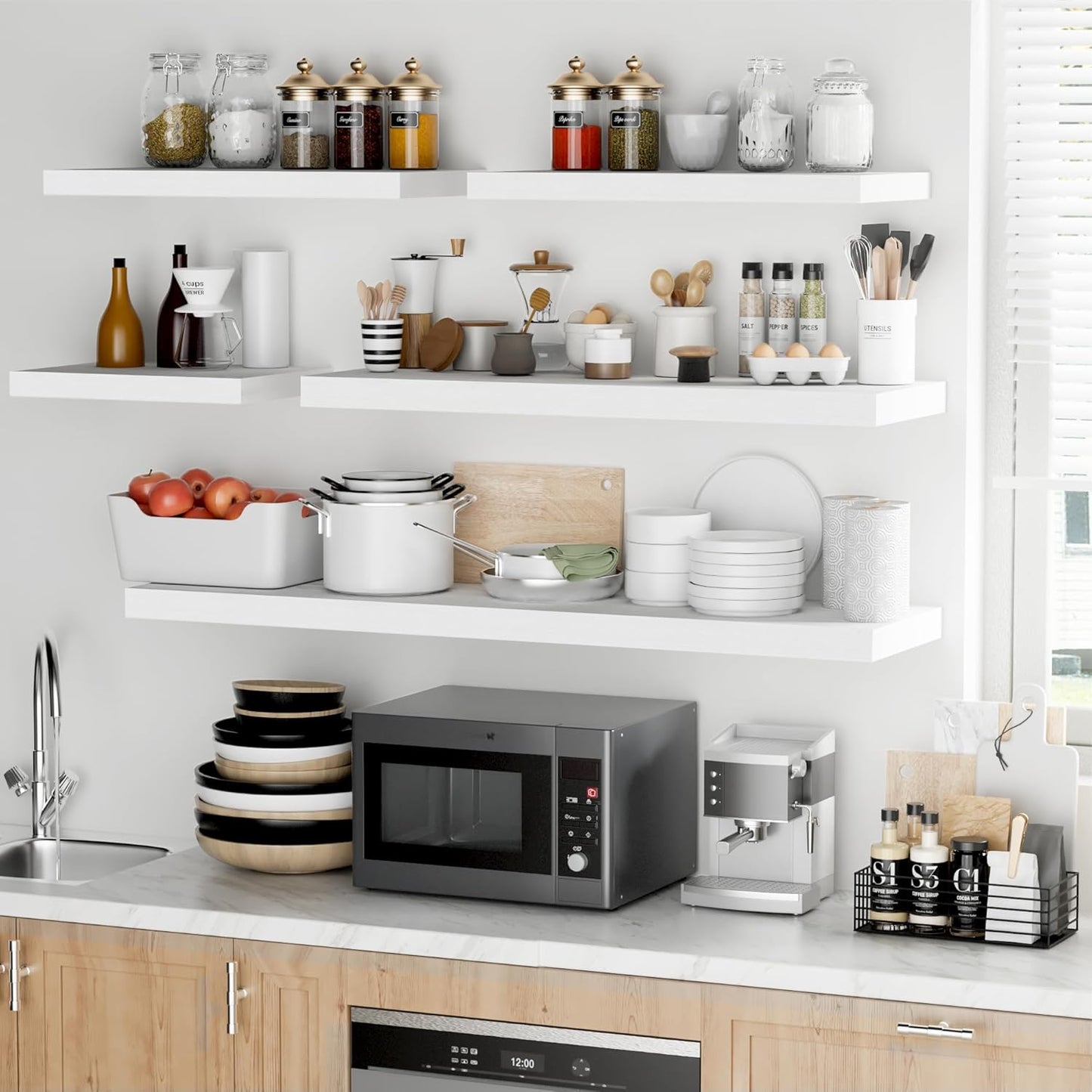 Fun Memories Floating Shelves - 12 Inch Rustic Wooden Wall Shelves - Extra Deeper & Thicker Wall Mounted Storage Shelf for Living Room, Kitchen, Farmhouse - 48" W x 12" D x 1.8" H - White