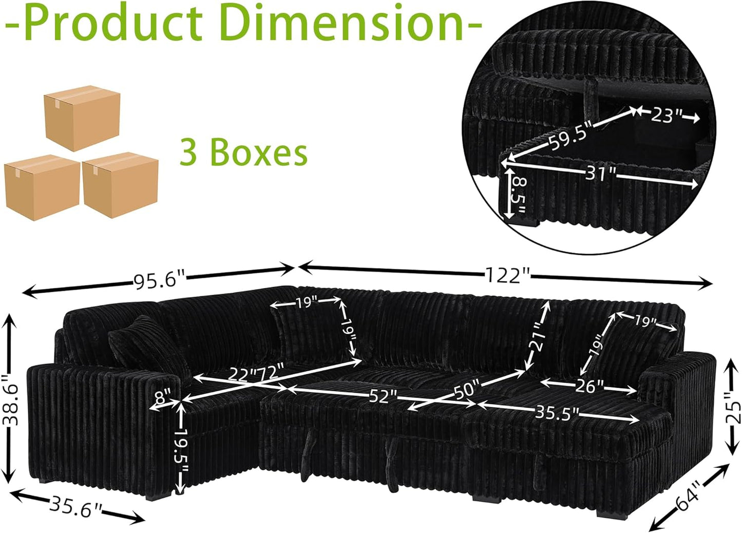 THSUPER 122-Inch Oversized U Shaped Plush Corduroy Fluffy Sectional Sleeper Sofa with Pull Out Bed, Storage Chaise Lounge and USB Charging Port - Black