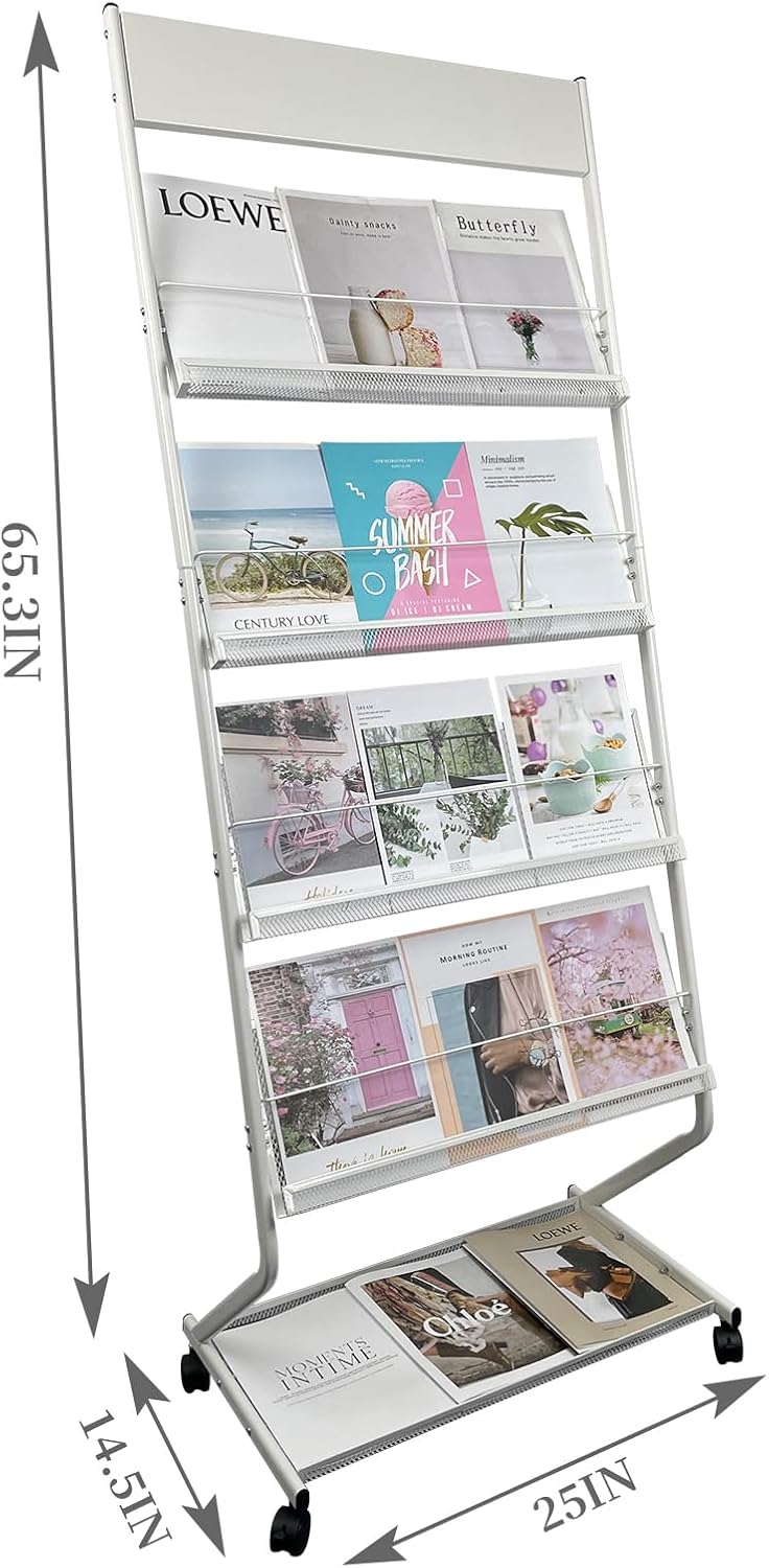 tongmo Floor-Standing Magazine Rack 4-Layer with Wheels, Brochure Display Stand, High-hardness metal for Exhibitions, Office, and Any Organization Requiring Information Display (White)