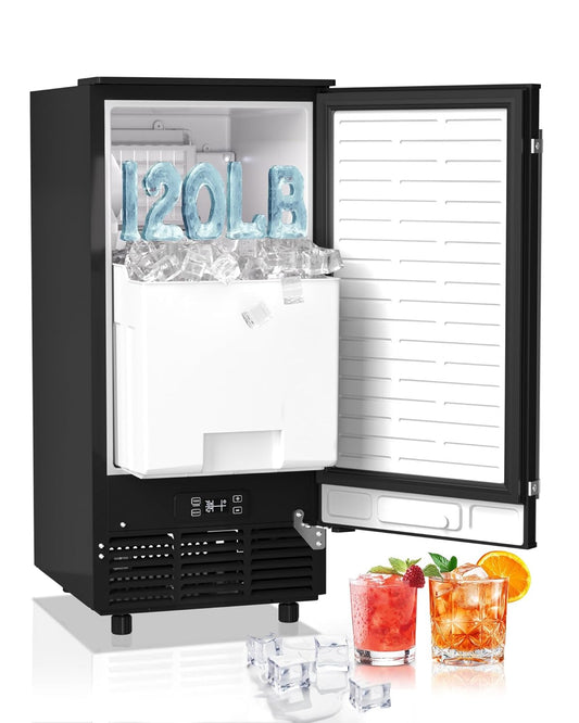 Commercial Ice Maker Machine Reversible Door 120LBS/Day, Undercounter Ice Makers 30LBS Storage Bin and 40 Ice Cubes, Icemaker Machine Brushed Metal with Water Line, Ice Scoop