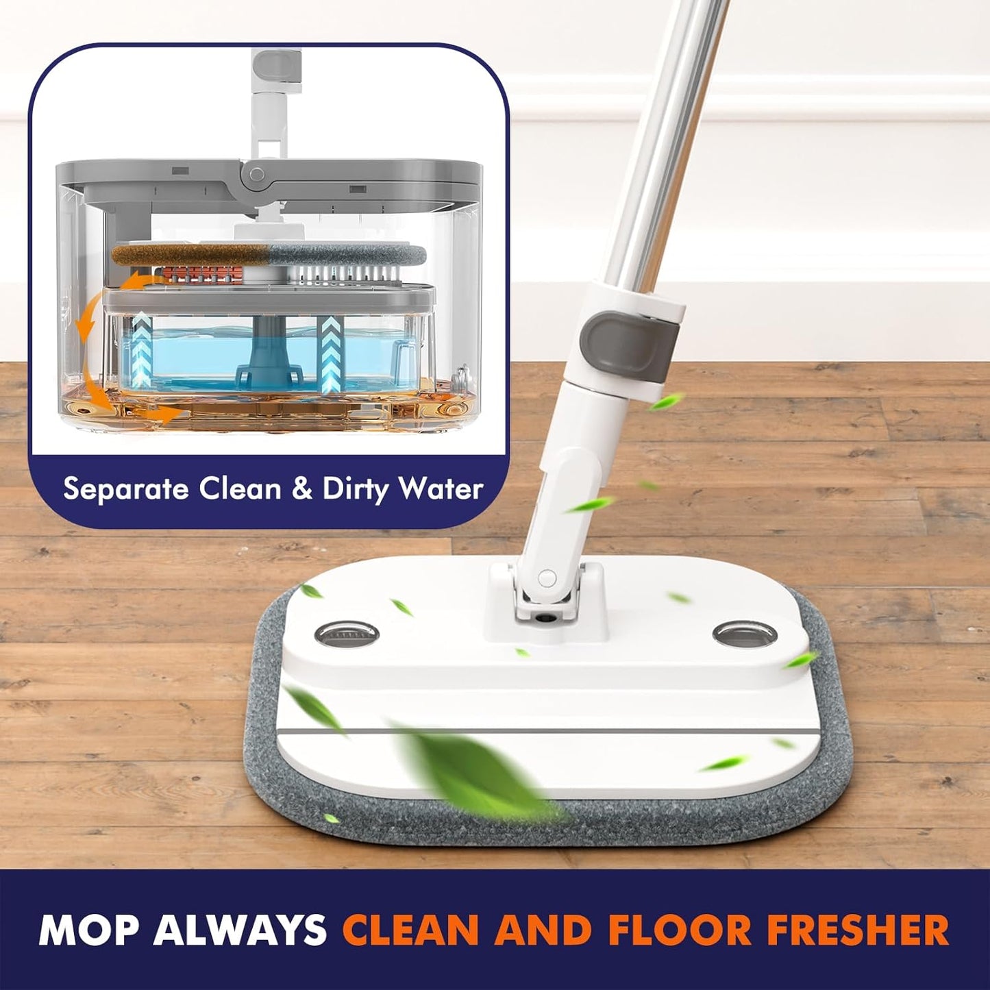 Upgraded Spin Mop and Bucket Self-Standing Mop Bucket Separate Dirty and Clean Water System Self Wringing 360° Rotating Clean Mop and Bucket Set (Light Gray, 14Pads Mop and Bucket Set)