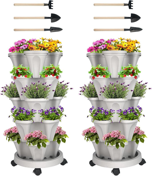 Vertical Planter 5 Tier Stackable Planters Garden Planters Strawberry Herb Flower and Vegetable Planter Indoor Outdoor Gardening Pots with Removable Wheels and Tools 2-Pack