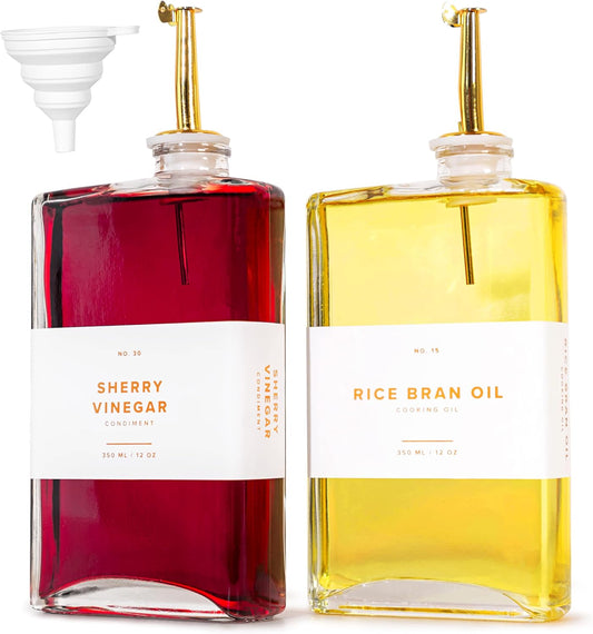 Glass Olive Oil Dispenser Bottle Set [2x17oz]: 36 Premium Gold Labels, Oil Dispenser for kitchen, Vinegar Bottle Set, Glass Dispensers for Soy Sauce, Syrup Bottles | Set of 2