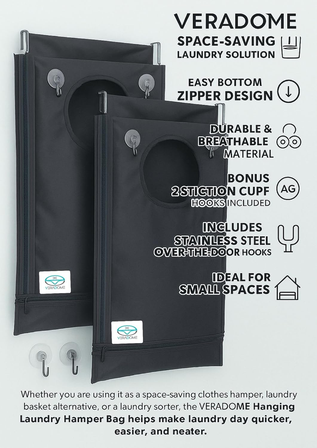 Hanging Laundry Hamper Bag – Space-Saving Dirty Clothes Storage with Free Adjustable Stainless Steel Over-the-Door Hooks & Suction Cup Hooks – Ideal for bathrooms, bedrooms & dorms (2, Gray)