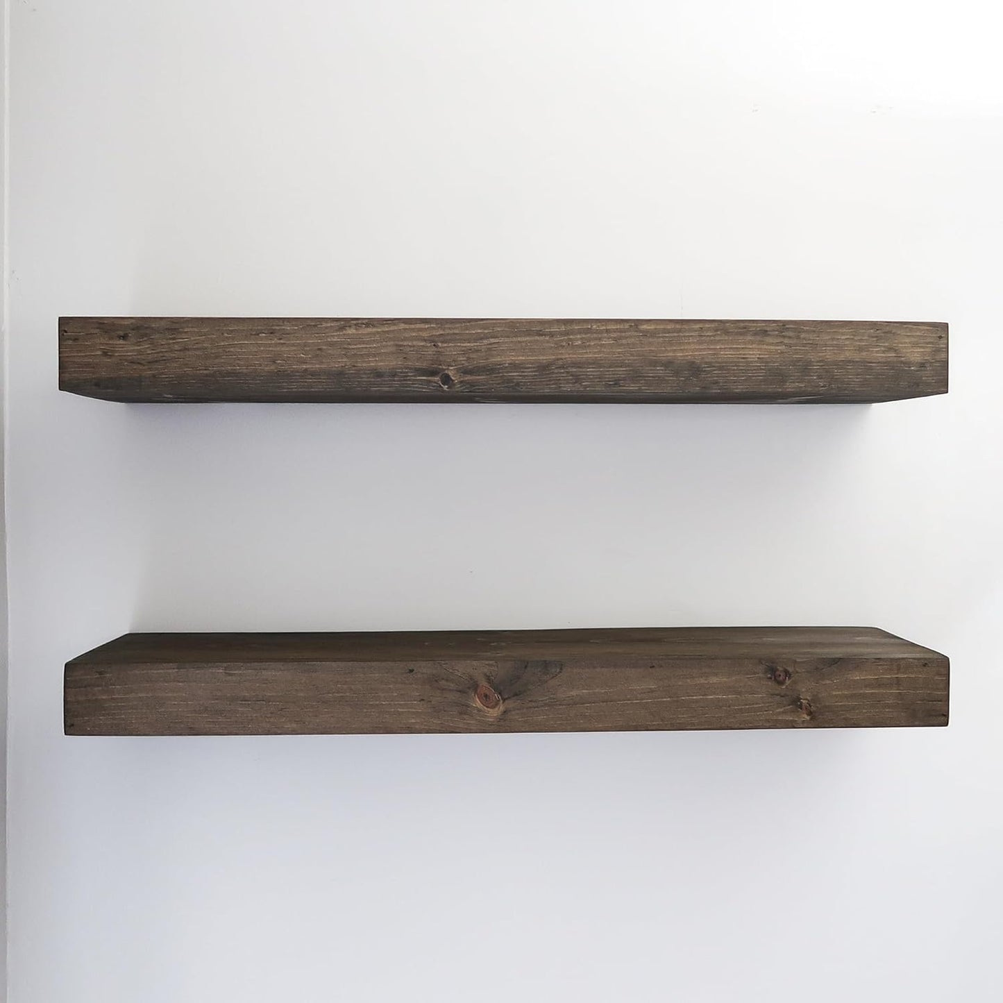 Modern Floating Shelves 3 Inches Thick for Wall, Wide Shelves for Kitchen, Living Room, Bedroom, and Bathroom, Natural Pine Wood, Rustic Wooden Shelf, (Set of 2) (Jacobean, 24Lx3Hx8D)