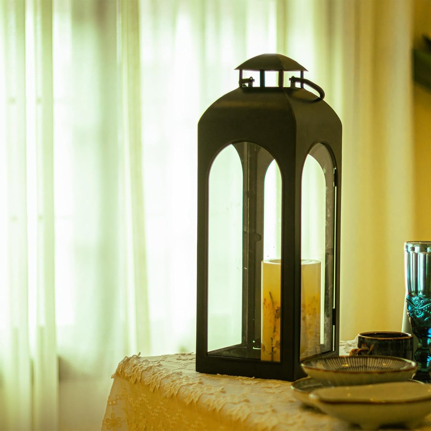 Bdor 16 Inches Metal and Tempered Glass Candle Lantern - Premium Outdoor Lantern, Decorative Lanterns with Handcrafted Design for Patio, Garden & Indoor Decor