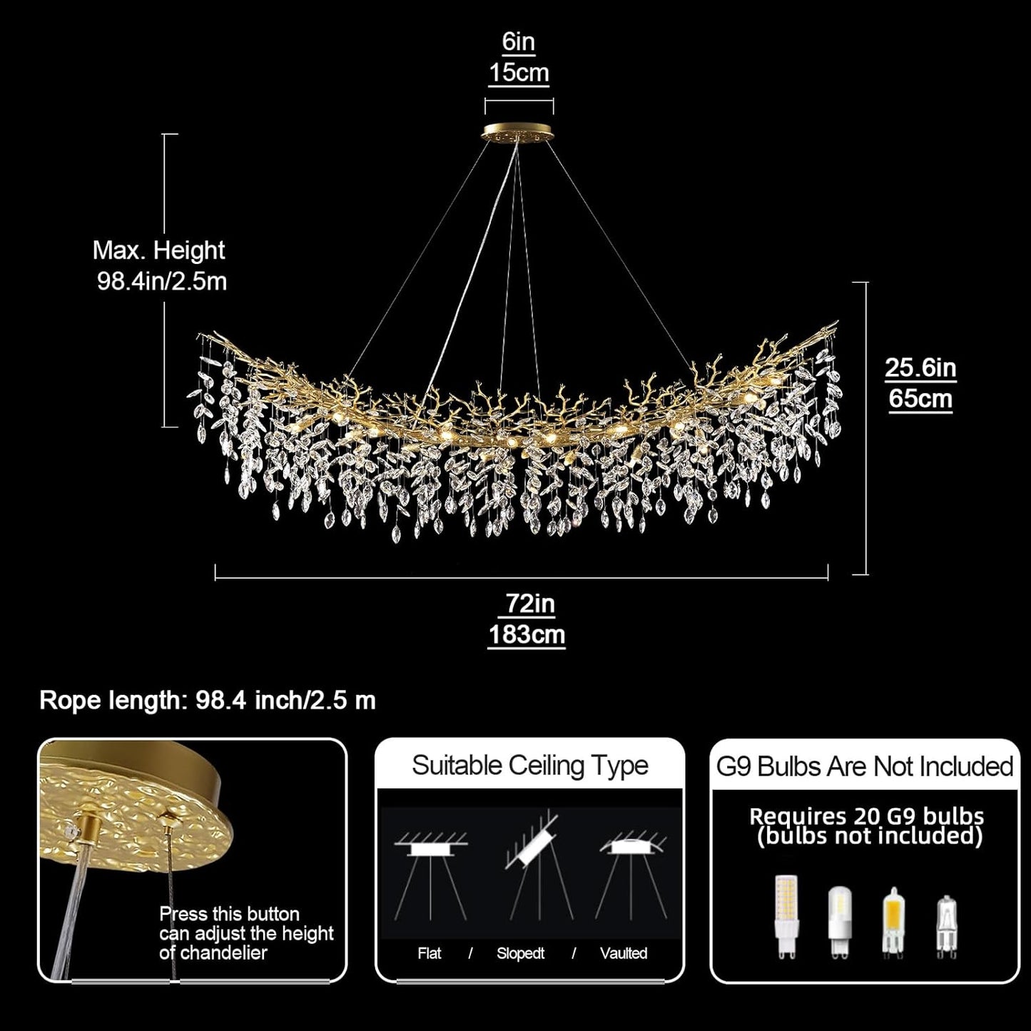 Modern Crystal Gold Chandelier,72" Large Rectangular Chandeliers for Dining Room, Tree Branch Crystal Lving Room Chandelier,Dining Room Over Table Chandeliers,Fixture Height-Adjustable