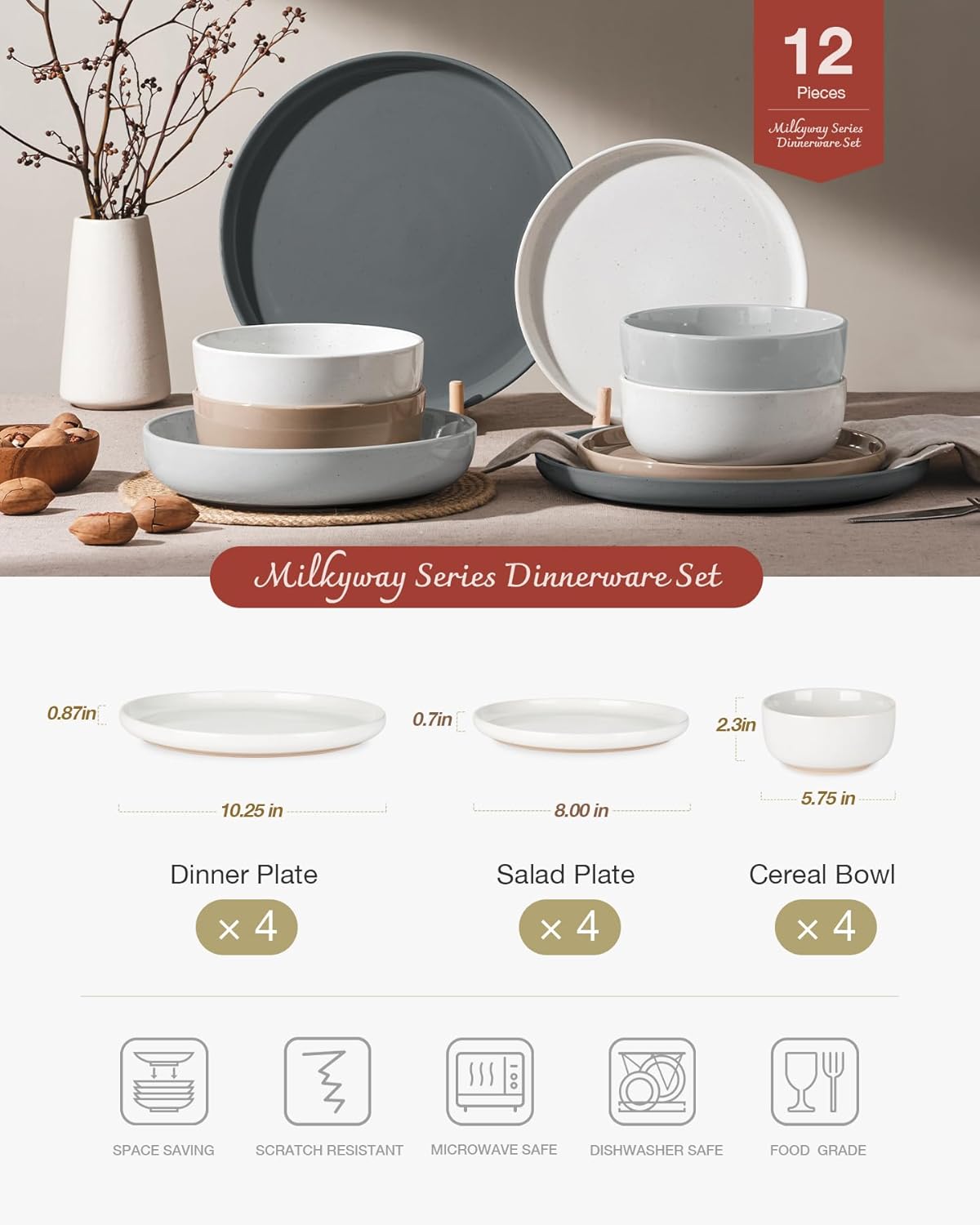 Famiware Milkyway Plates and Bowls Set, 12 Pieces Dinnerware Sets, Dishes Set for 4, Multi-color