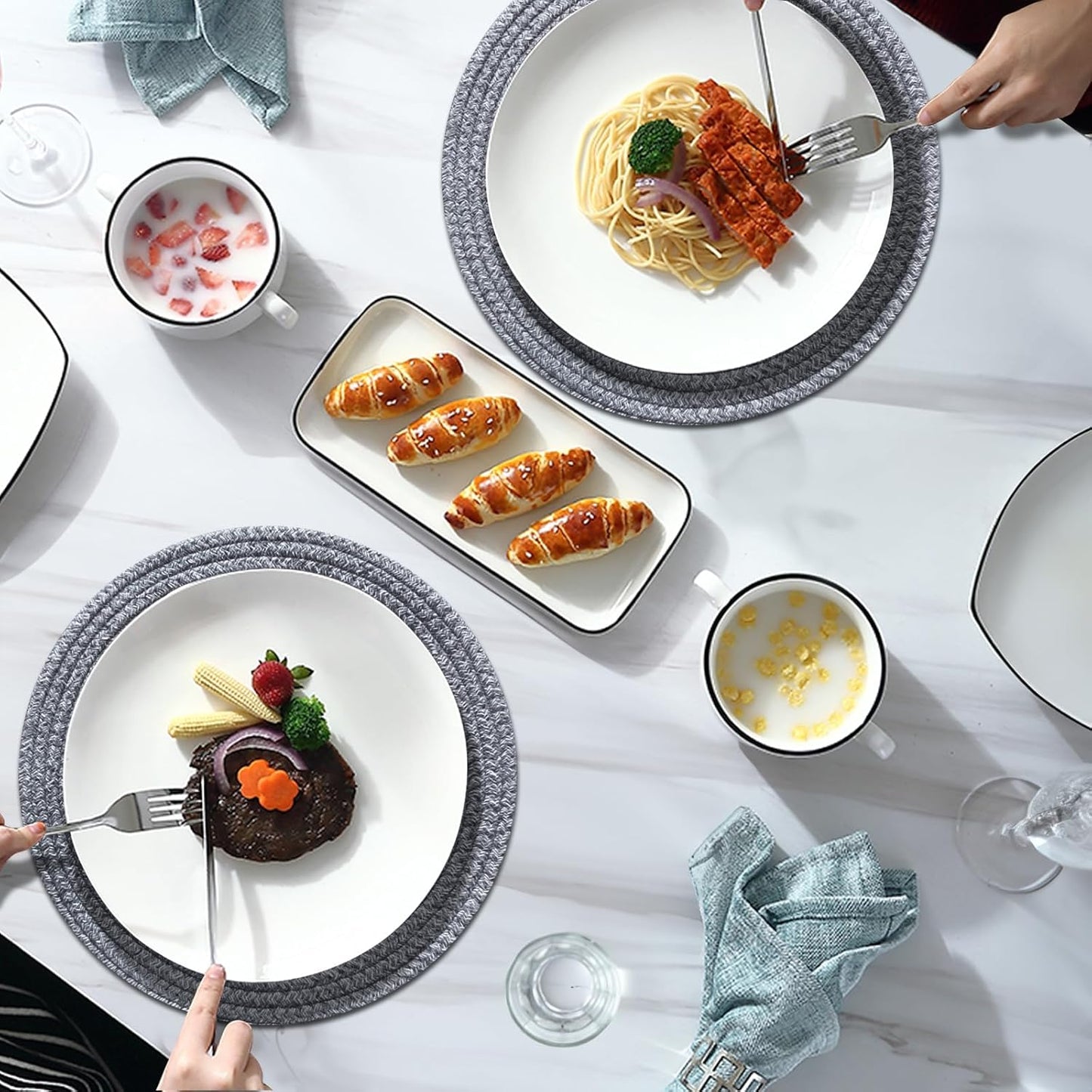 Round Placemats Set of 6, Cotton Rope Woven Table Mats, Hot Pads for Kitchen, Non Slip Heat Resistant Place Mats, 13 Inches Braided Placemat for Farmhouse Decor and Kitchen Table Decor (Gray)