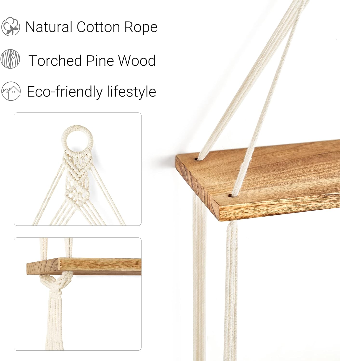 Mkono Macrame Hanging Shelf Boho Wall Decor 2 Tier Handmade Cotton Rope Rustic Wood Floating Shelves Display Photos Plants Hanging Storage Shelving for Living Room Nursery Bathroom Bedroom