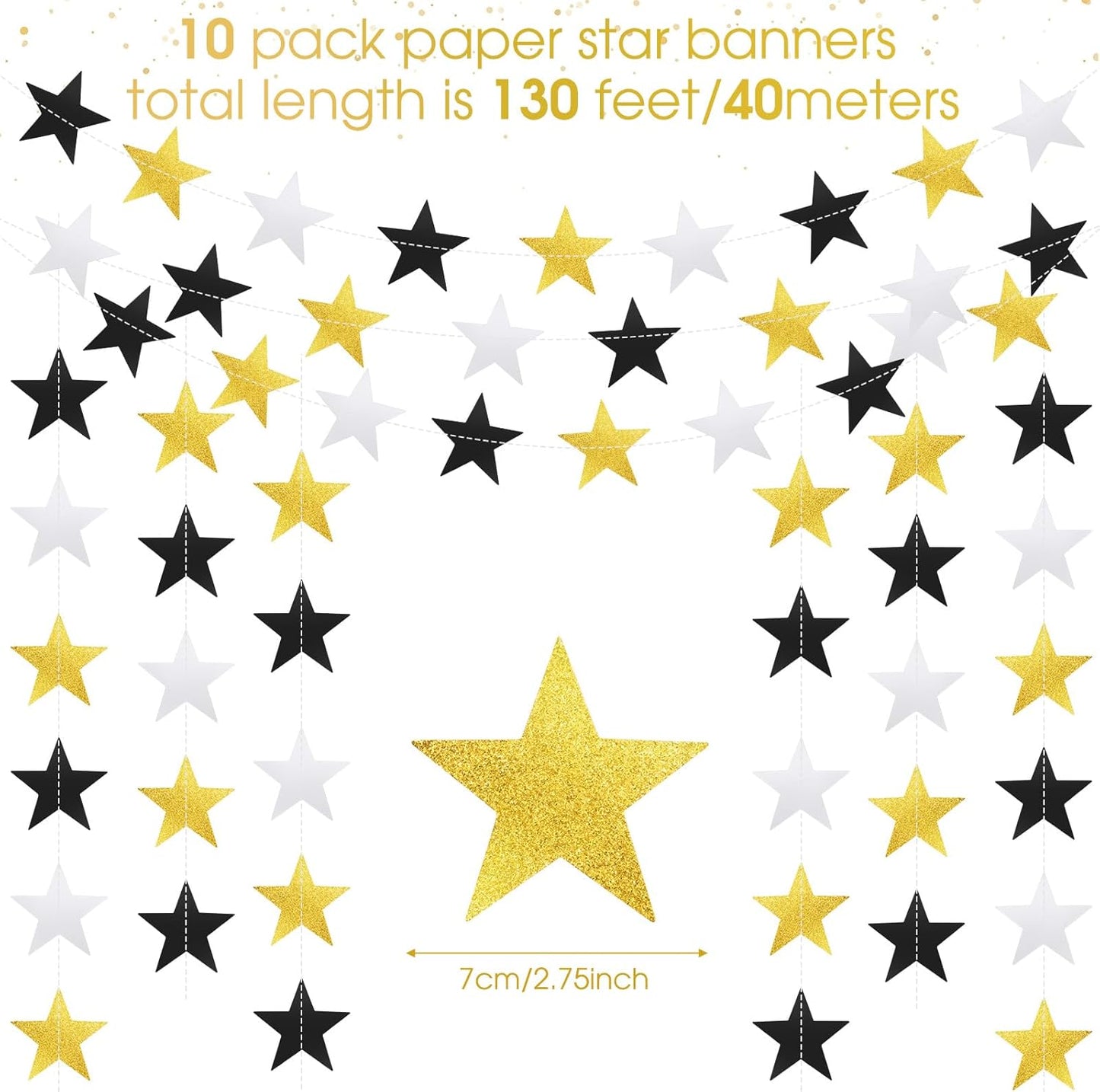 Patelai Glitter Star Garland Banner Decor 130 Feet Star Hanging Bunting Banner Twinkle Backdrop for Homecoming Classroom Wedding Birthday Halloween Christmas Party Supplies(Silver Gold Black)