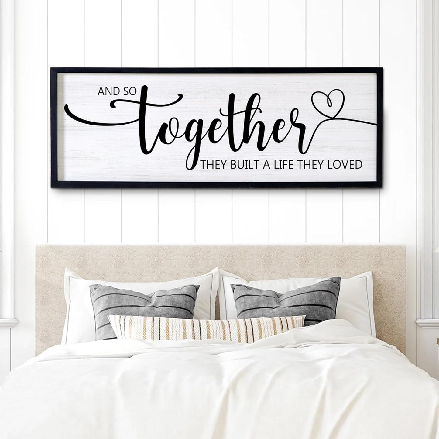 And So Together They Built A Life They Loved Decorative Rustic Sign & Plaque Framed Wall Art for Couples, 40''×15' Vintage 'Wooden Long Wall Decor Above Bed, Horizontal Farmhouse Wedding Gift